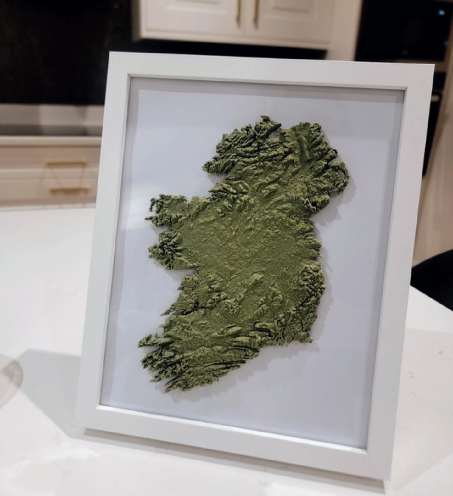 Sage green 3D topographical relief map of Ireland in a white frame