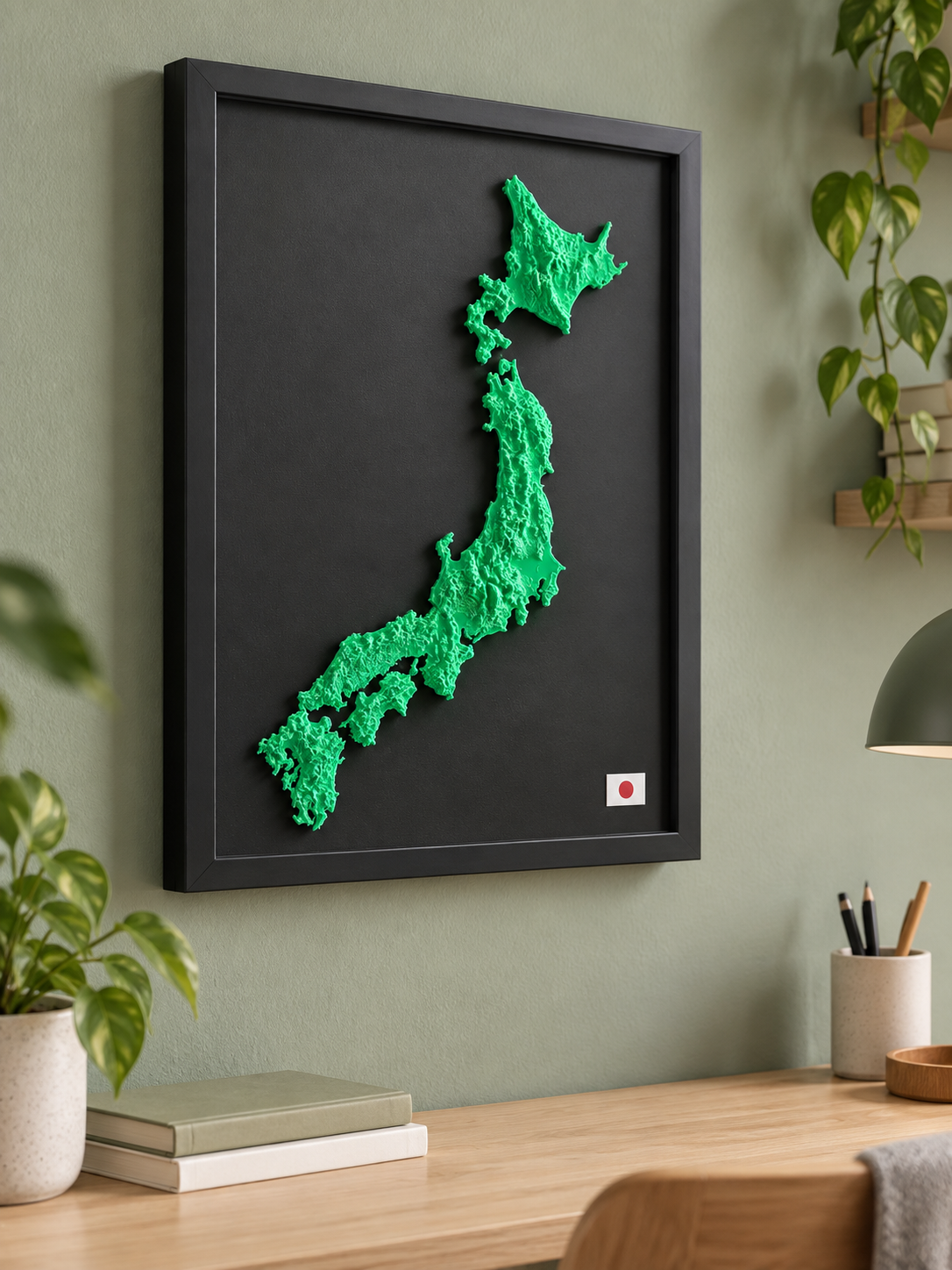 Green relief map of Japan on a black mount in a black frame